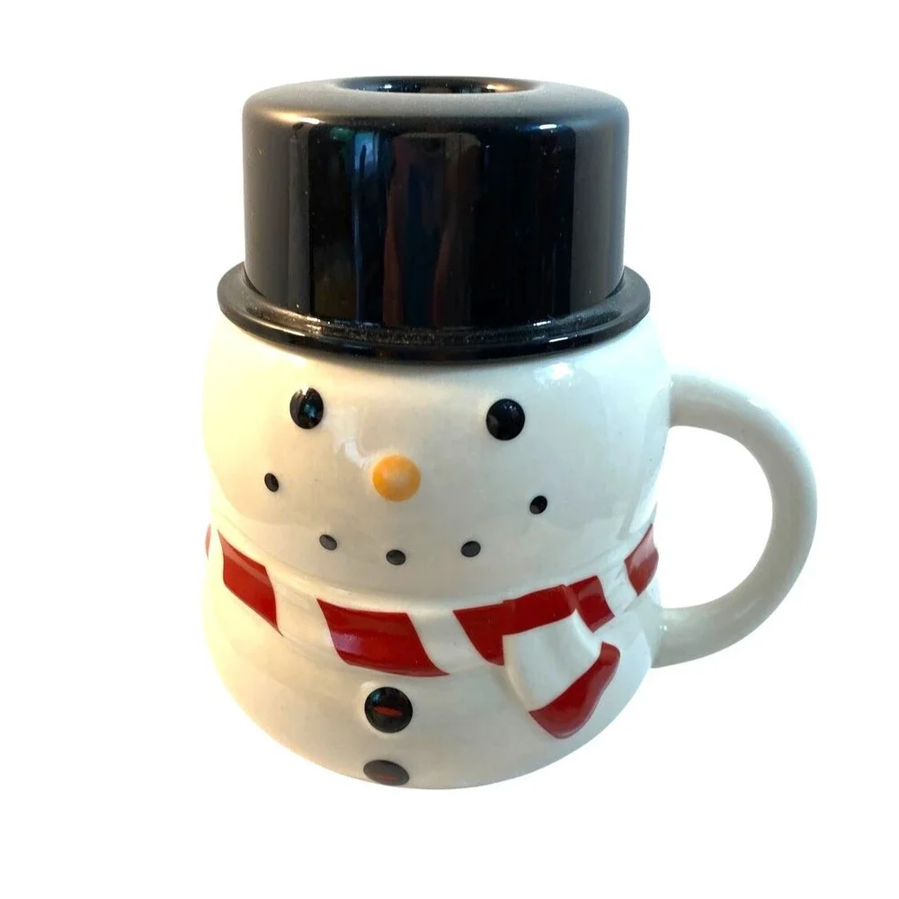4 Snowman Mug 8 oz Williams Sonoma Cup with Top Hat Lid Winter Christmas 2004
